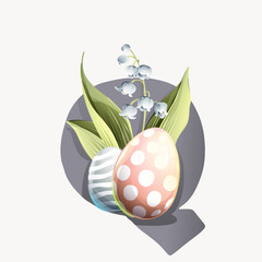 Q letter logo with Easter eggs in classic design, lily of the valley leaves, and snowdrop flowers.