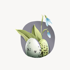 Number zero logo with Easter eggs in a natural pattern, lily of the valley leaves, and snowdrop flowers.