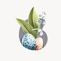 Number six logo with Easter eggs in a natural pattern, lily of the valley leaves, and snowdrop flowers.