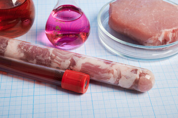 Meat cultured in vitro and chemical flasks with colorful fluids - photo on graph paper. Lab grown...