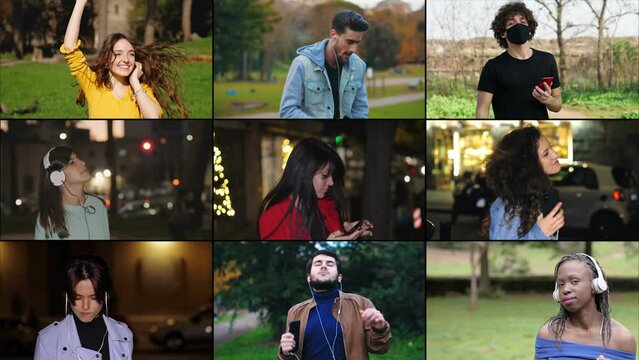 youth, technology - young people listen to music on phone and dance