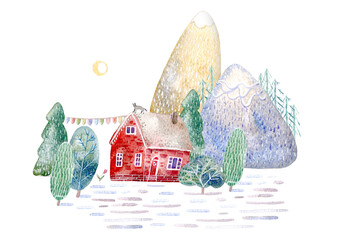 House and mountains.Trees, cat, plants and moon.Landscape tourism.Watercolor hand drawn illustration.White background.
- 488013254