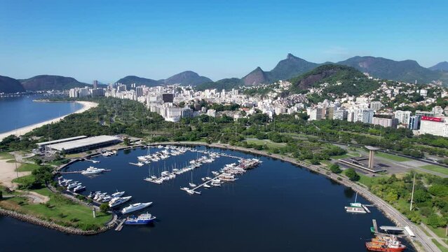 Panning wide view of seaport downtown city of Rio de Janeiro Brazil. Tourism landmark. Offices buildings exterior and harbor zone near Guanabara bay.  