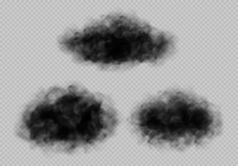 Black smoke clouds, dirty toxic fog or smog. Vector realistic illustration of dark smoky from fire, explosion or burning coal. Black fume texture isolated on transparent background