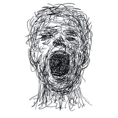 Drawing sketch of expressive face of person screaming loud - obrazy, fototapety, plakaty