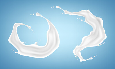 Obraz na płótnie Canvas Set of milk splashes isolated on blue background. Vector illustration