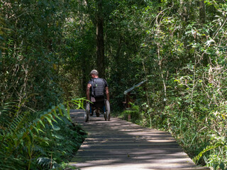 A man in a wheelchair on the ramp at the Garden of Eden loop walk.