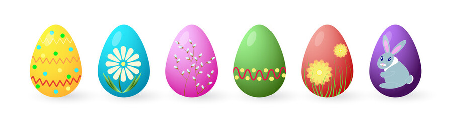 Set of Easter eggs with various paintings on a transparent background