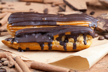 chocolate-covered custard eclair with creamy chocolate cream
