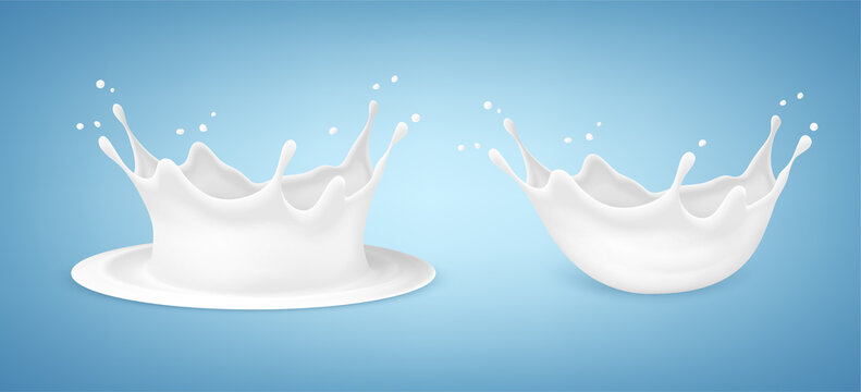 Milk crown splash set isolated on blue background. Vector realistic milk splash.