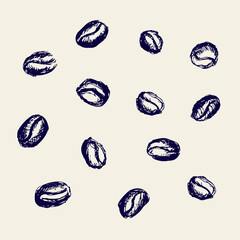 Illustration of coffee beans in pen drawing style. Design for card, logo, posters, invitation, web and print use	