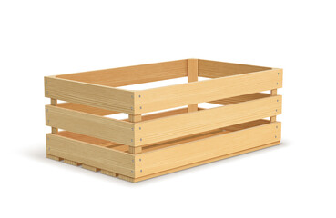 Vector realistic cargo storage wooden box isolated on white background. Wooden fruit box with holes. Box for storage and transportation of food.