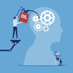 Maintenance brain to generate idea or creativity and innovation to invent new business ideas concept, businessman drop lubricant or grease into gears