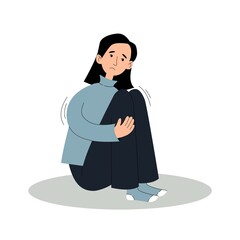Sad woman in depression sits hugging his knees. Concept mental disorders, anxiety, depression, bipolar disorder, bpd. Vector illustration in flat style.