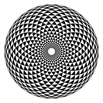 Fibonacci pattern, black and white triangle checkered circle, formed by arcs, arranged in spiral form, crossed by circles, creating bend triangles, like the geometrical arrangement of sunflower seeds.