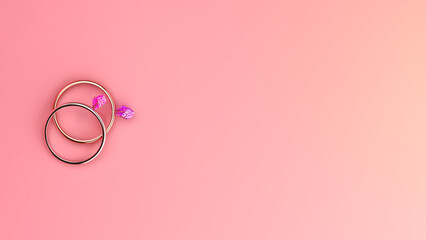 Two gold rings with beautiful gemstones pink background, 3d illustration