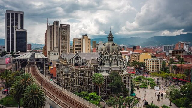 Time lapse view of historic landmark Plaza Botero square in the Old Quarter of Medellin, Antioquia Department, Colombia. 