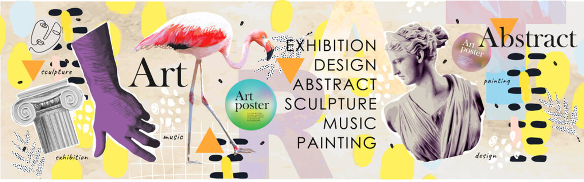 Art objects for an exhibition of painting, culture, sculpture, music and design. Vector abstract modern illustrations for creative festivals and events