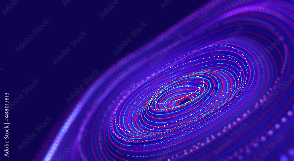 Aufkleber Digital wave particle. Spreading sound waves. Artificial mind concept. Abstract cyber synthetics 3D illustration. Funnel, whirlpool, big data flow. High-tech analytics and business strategy