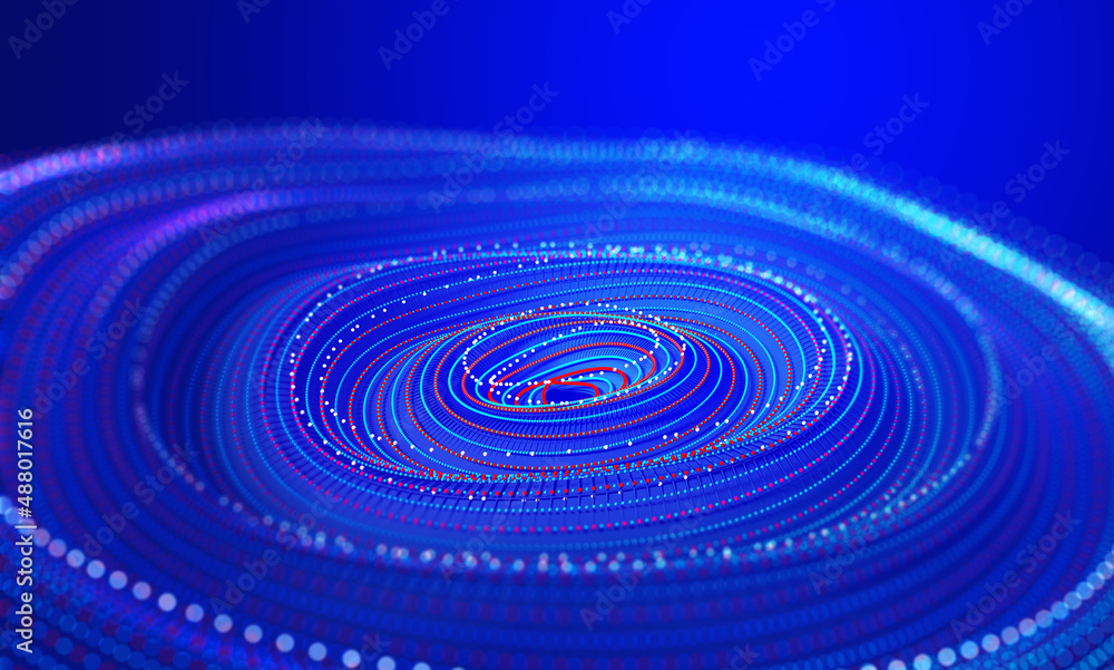 Aufkleber Digital wave particle. Spreading sound waves. Artificial mind concept. Abstract cyber synthetics 3D illustration. Funnel, whirlpool, big data flow. High-tech analytics and business strategy