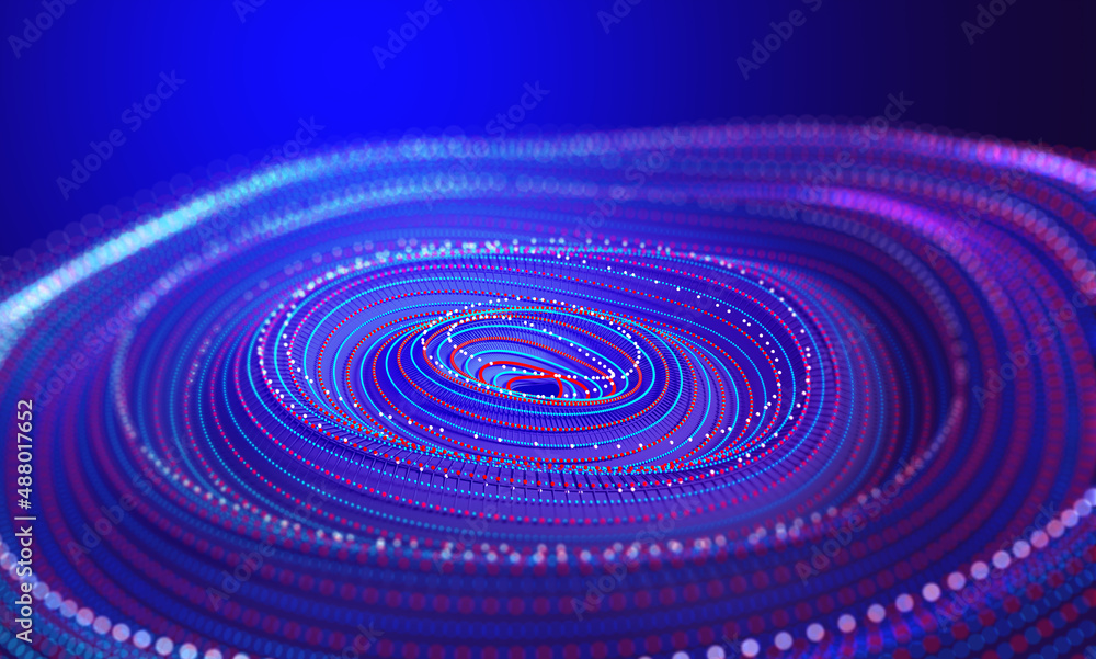 Aufkleber Music waves. Big Data concept. Digital neural network. Introduction of artificial intelligence. Cyberspace of future. Data analytics, blockchain technology. 3D illustration of circular paths