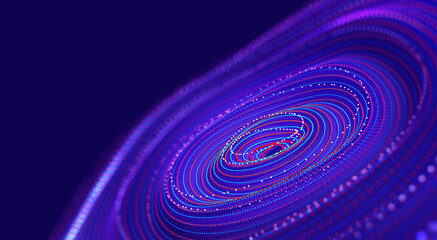 Digital wave particle. Spreading sound waves. Artificial mind concept. Abstract cyber synthetics 3D illustration. Funnel, whirlpool, big data flow. High-tech analytics and business strategy