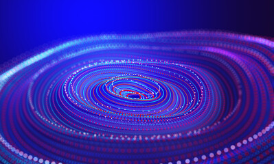 Music waves. Big Data concept. Digital neural network. Introduction of artificial intelligence. Cyberspace of future. Data analytics, blockchain technology. 3D illustration of circular paths