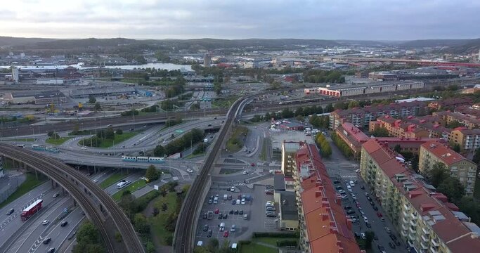 overflight with drone near tower crane in city Goteborg
