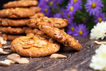 wheat-oatmeal cookies with peanuts, closeup
