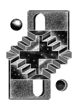 M C Escher style tarot playing card, black and white noise texture building illustration using  isometric geometric 3D simple shapes with window, doorway, optical illusion penrose stairs and planets