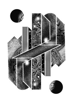Fototapeta M C Escher style tarot playing card, black and white noise texture building illustration using  isometric geometric 3D simple shapes with window, doorway, optical illusion penrose stairs and planets