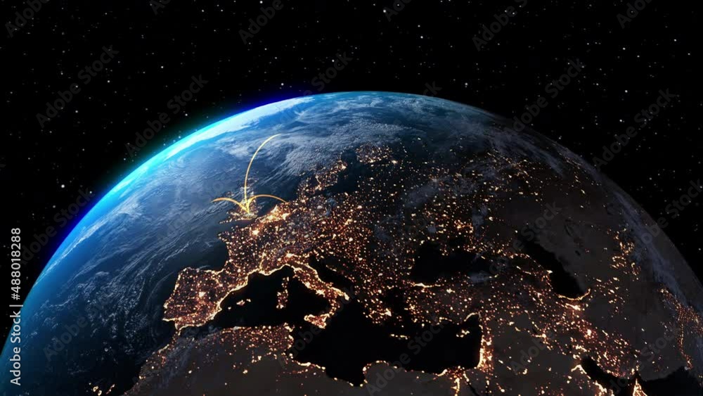 Poster global network and internet connection in orbital earth globe animation . concept of wireless digita
