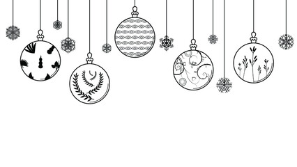 Black Doodle Outline Simple Line Abstract Merry Christmas Xmas Balls With Snowflakes Holiday Decorations Happy New Year Background Vector Design Style
