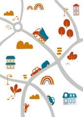 Cute road map for kid's room. Hand drawn vector illustration: vehicles, houses, plants and others. Nursery concept for wallpaper, bedding, poster, print.