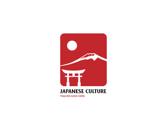 Simple Square with Sun Torii Gate and Fujiyama Mount for Travel Tourism Logo Design Vector