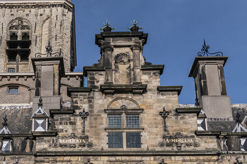 Fragments of Delft City Hall (1618 - 1621). City Hall in Delft is a Renaissance style building on the Market Square, one of city’s most distinctive monuments. Delft, the Netherlands.