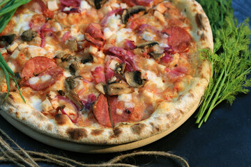 Tasty pizza with salami, meat, cheese, tomatoes and greens