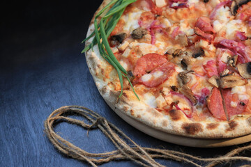 Delicious pizza with salami and mushrooms