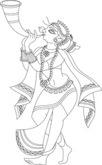 Fototapeta na wymiar e Lord's Gopika, Sevika, or lady servants have drawn in Indian folk art, Kalamkari style. for textile printing, logo, wallpaper 