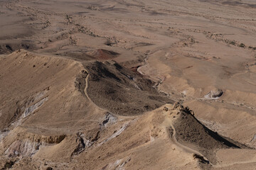 Aerial closeup view of the ascent trail on Mount Ardon with the Ramon Crater below in the background, Mitzpe Ramon, Beer Sheba, Negev Desert, Southern Israel, Israel	