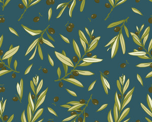 Seamless pattern with olive tree branches and fruits.Vector graphics.