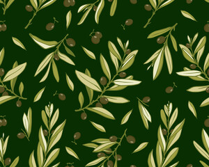 Seamless pattern with olive tree branches and fruits.Vector graphics.