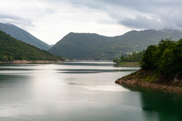 Scenic landscape of Lake Turano, province of Rieti, Lazio, during a cloudy day
