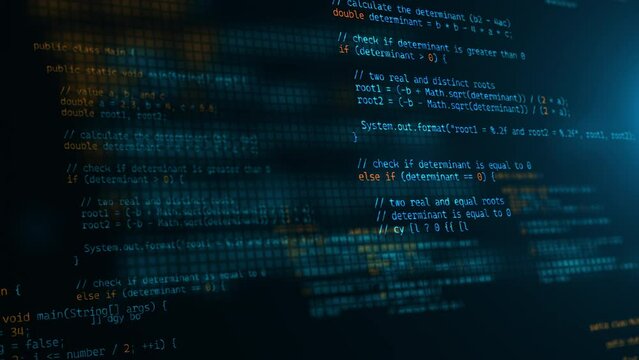 Developer working on program code. Hack or protection data. Website scripts digits and commands at computer screen. Modern hi-tech software development and blockchain concept. 3D technology background
