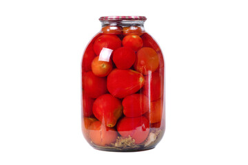 a large glass jar with canned red tomatoes
