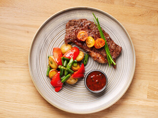 Grilled steak with vegetables and sauce. Juicy steak with tomatoes, potatoes, peppers and green beans in a plate on a wooden background. Delicious hearty lunch. Meat with baked vegetables. Close up.