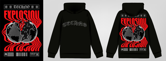 Modern poster of a destroyed world, a sphere of earth broken in half, with text "Explosion". In Techno style, stylish print for streetwear, print for t-shirts and hoodies, isolated on black background