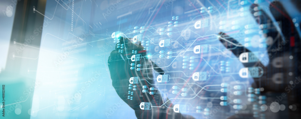 Poster blockchain technology concept with diagram of chain and encrypted blocks.businessman hand using mode