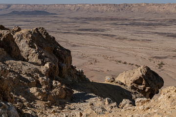 View of the Ramon Carater below as seen from the the ascent trail on Mount Ardon , Mitzpe Ramon, Beer Sheba, Negev Desert, Southern Israel, Israel	
