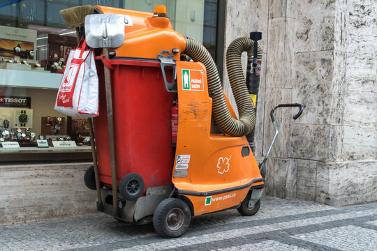 Prague, Czech Republic - July 23, 2020: Street sweeper by Prague services